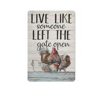 kisoyo Rustic Metal Tin Sign Beautiful Rooster And Hen Live Like Someone Left The Gate Open Novelty Iron Printing Metal Art Bar Pub Man Cave Decor Poster 8x12 Inch