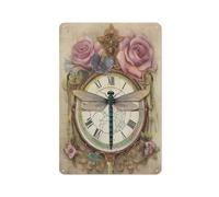 kisoyo Rustic Metal Tin Sign Dragonfly Wall Art Pink Rose Flower And Vintage Clock Picture Print Rustic Insect Painting Bedroom Decor 8x12inch
