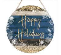 kisoyo Rustic Round Hanging Wood Sign Happy Holidays Sign, Snowflakes Sign, Blue and Gold Sign, Winter Sign, Wreath Sign, Wreath Center Front Door Hanging Sign Family Home Decor 12"x12"