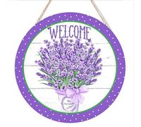 kisoyo Rustic Round Hanging Wood Sign Welcome Sign, Lavender Sign, Spring Sign, Purple White Polka Dot Sign, Everyday Sign, Wreath Sign Rustic Home Kitchen Bathroom Bedroom Wall Art Decor 8"x8"