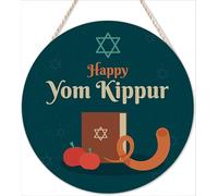 kisoyo Rustic Round Wood Sign Happy Yom Kippur Jewish Day of Atonement Wood Hanging Welcome Door Sign Wooden Decorations for Indoor Outdoor Home Porch Decor 8"x8"