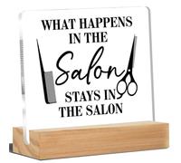 kisoyo Salon Decor, Hair Stylist Signs Decor What Happens in the Salon Stays in the Salon Acrylic Desk Plaque Sign Home Salon Barbershop Decoration 4x4 Inch