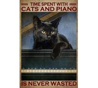 kisoyo Vintage Metal Tin Sign Black Cat In The Piano Time Spent With Cats And Piano Is Never Wasted Novelty Metal Sign for Home Kitchen Parlor Wall Decor 8x12 Inch