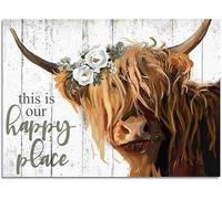 kisoyo Vintage Metal Tin Sign Highland Cow Wall Art This Is Our Happy Place Long Haired Scottish Cow With White Flower Picture Farmhouse Kitchen Decor 12x16 Inch