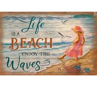 kisoyo Vintage Metal Tin Sign Little Girl On The Beach Life Is A Beach Enjoy The Waves Novelty Home Wall Sign Plaque Poster Gift 12x16 Inch