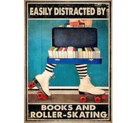 kisoyo Vintage Metal Tin Sign Loller Skating Easily Distracted By Books And Roller Skating Novelty Home Wall Sign Plaque Poster Gift 8x12 Inch
