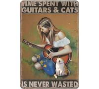 kisoyo Vintage Tin Sign Cats Time Spent with Guitars is Never Wasted Animal Metal Sign Home Kitchen Bar Cafe Club Cave Wall Decor Guitar Tin Sign 12x16 Inch