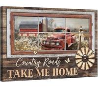 kisoyo Vitnage Metal Tin Sign Old red truck, Wooden cross, Tranquil flower field, Country roads take me home Prints Wall Art, Jesus Farm Landscape Christian Wall Decor Living Room 8x12Inch
