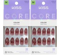KISS CORE Color Press On Nails, Nail Glue Included, ‘Pinot Noir’, Burgandy, Medium Size, Almond Shape, Includes 32 Nails, 2g Glue, 1 Manicure Stick, 1 Mini File (Pack of 2)