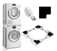 Kiss Core washing machine stacking kits: Adjustable 46-66cm Frame with Ratchet Ropes & Anti-Vibration Pads - Space-Saving No-Drill Installation - White