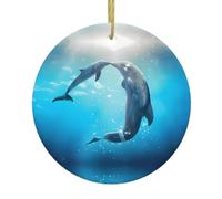 Kiss Dolphin Tale Pattern Print Christmas Tree Ceramic Hanging Decorative Ornaments – Round Keepsake for Xmas, Home Party, Holiday