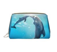 Kiss Dolphin Tale Pattern Zipper Closure Leather Portable Waterproof Cosmetic Bag for Home Travel to Organize Toiletries Sundries