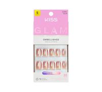 KISS GLAM Embellished Press On Nails, Nail Glue Included, ‘Golden Hour Affairs’, Beige, Short Squoval Size, Includes 32 Nails, 2g Glue, 1 Manicure Stick, 1 Mini File