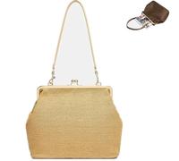Kiss-lock Bag,Large Capacity Straw Rainbow Handbags,Retro Top Handle Handbag,Summer Straw Shoulder Bags,Shoulder Tote for Vacation & Travel (yellow, L:12.60 × W:7.87 × H:10.63 in)