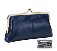 Kiss Lock Wallet for Women Leather Vintage Wallet with Zippered Coin Pocket & Multi Slots Portable Purse for Daily Date Banquet, Dark Blue