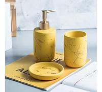kiss me Ceramic Bathroom Accessory Set, 3/4 Pieces Modern Marble Bathroom Countertop Accessories Set Luxury Home Decor Complete with Liquid Soap Dispenser, Toothbrush Tumblers, Soap Dish (Yellow)