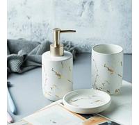kiss me Ceramic Bathroom Accessory Set, 3 Pieces Modern Marble Bathroom Countertop Accessories Set Luxury Home Decor Complete with Liquid Soap Dispenser, Toothbrush Tumblers, Soap Dish (White)