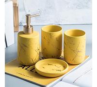 kiss me Ceramic Bathroom Accessory Set, 4 Pieces Modern Marble Bathroom Countertop Accessories Set Luxury Home Decor Complete with Liquid Soap Dispenser, Toothbrush Tumblers, Soap Dish (Yellow)