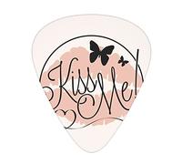 Kiss Me Guitar Picks 12 Pack Universal ABS Guitar Picks,Hand Lettering Love Quote with Butterflies and Lipstick Stain Motif,for Acoustic and Electric Guitar,Pale Pink Ivory Black,