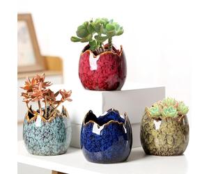 kiss me Succulent Pots with Drainage Set of 4, Unique Dragon Egg Shell Design Ceramic Small Flower Pot 8CM Cactus Planter Pots Mini Cacti Planter Home Office Windowsill Decor (Dragon Egg)