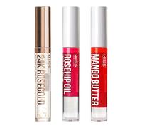 Kiss New York 3 Pack Lip Oil Gloss, Hydrating Non-Sticky Lip Oil, 100% Natural Oil Clear Lip Gloss, Lightweight Lip Moisturiser (Rose Gold & Rose Chip & Mango Butter)
