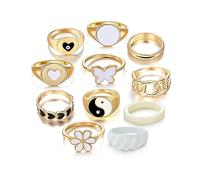 KISS WIFE 16 Pcs Gold Stackable Rings Set for Women, Dripping-Paint Pearlized Finish, Adjustable Open Bands, Pearl White & Glossy Black, Heart, Square, Irregular Shapes, Minimalist Fashion Rings Pack