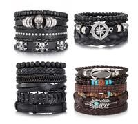 KISS WIFE Leather Bracelet for Men, 4 Packs Punk Bracelets Set, PU Braided Wrap Wristband Skull Skeleton Rock Emo Jewelry Accessories Adjustable Black Brown