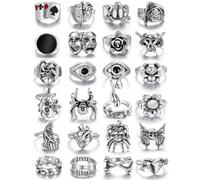 KISS WIFE Vintage Silver Punk Rings Set for Men, Cool Gothic Chunky Rings Bulk, Skull Snake Spade Ace Malachite Stackable Hippie Knuckle Rings Pack, Trendy Men's Jewelry Gift for Him, Metal, No