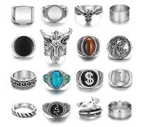 KISS WIFE Vintage Silver Punk Rings Set for Men, Cool Gothic Chunky Rings Bulk, Skull Snake Spade Ace Malachite Stackable Hippie Knuckle Rings Pack, Trendy Men's Jewelry Gift for Him, 10~11, Metal, No
