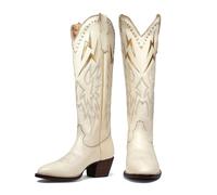 KISSASA Cowboy Boots for Women Knee High Cowgirl Boots Pull On Lightning Embroidered Pointed Toe Western Chunky Low Heel Tall Boots, White, 8 UK