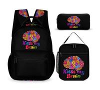 Kisses Your Brain Backpack Lunch Bag Pencil Case 3Pcs Set | Laptop Daypack ,Backpack Set for Travel Work