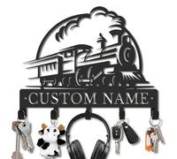 Kissesuu Personalized Train Metal Wall Organizer, Custom Railroad Key Holder, Vintage Locomotive Sign with Key Hook, Rustic Entryway Coat Rack for Boys Room (Style-1)