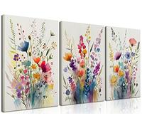 KISSFOX 3 Piece Colorful Wildflower Botanical Framed Wall Art Watercolor Floral Canvas Art Prints Boho Flower Pictures Wall Decor Modern Minimalism Paintings Artwork Girls Bedroom Living Room Bathroom