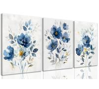 KISSFOX Framed Colorful Wildflower Blue Canvas Wall Art Set Of 3 Flowers Pictures Prints Flowers Printing Floral Watercolors Flower wall Decor Living Room Girls Bedroom Bathroom