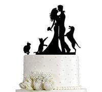 Kissing Bride and Groom with Cat and Dog Silhouette Wedding Acrylic Cake Topper (Black)