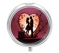 Kissing Silhouette Pill Box 3 Compartment Travel Pill Organizer with Mirror Design Portable Pillcase for Pocket Or Purse Round Medicine Case Weekly Medicine Container Holder for Daily Meds