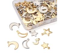 KISSITTY 100pcs Star Moon Charms 304 Stainless Steel Small Dangles Golden Color 10 Styles Hollow Star Moon Pendants for DIY Jewelry Making Crafts Earrings Necklaces Bracelets