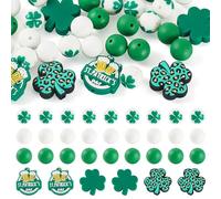 KISSITTY 36pcs St. Patrick's Day Theme Silicone Focal Beads Four Leaf Clover Shamrock Green Round Loose Spacers Beads for Beaded Pens Phone Lanyards Keychains Bracelet Jewelry Making DIY Crafts