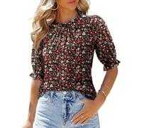 KISSMODA Mock Neck Blouses for Ladies Puff Short Sleeve Boho Shirts Pleated Basic Summer Tunic Tops Elegant Flowy Outfits