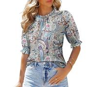 KISSMODA Mock Neck Blouses for Ladies Puff Short Sleeve Boho Shirts Pleated Basic Summer Tunic Tops Elegant Flowy Outfits