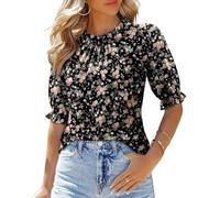 KISSMODA Mock Neck Blouses for Ladies Puff Short Sleeve Boho Shirts Pleated Basic Summer Tunic Tops Elegant Flowy Outfits