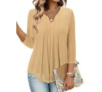 KISSMODA Women's 3/4 Sleeve Blouses V Neck Casual Flowy Shirts Double Layers Mesh Tunic Tops Apricot