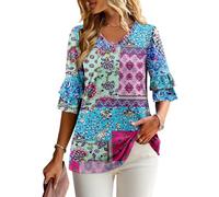 KISSMODA Womens 3/4 Sleeve Tunic Tops Frilled V Neck Double Tiered Ruffle Sleeve Summer Blouses Basic Loose Fit Shirts for Leggings