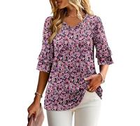 KISSMODA Womens 3/4 Sleeve Tunic Tops Frilled V Neck Double Tiered Ruffle Sleeve Summer Blouses Basic Loose Fit Shirts for Leggings