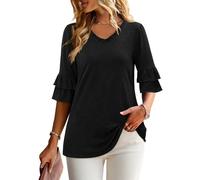KISSMODA Womens 3/4 Sleeve Tunic Tops Frilled V Neck Double Tiered Ruffle Sleeve Summer Blouses Basic Loose Fit Shirts for Leggings B Black