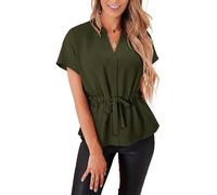 KISSMODA Womens Batwing Sleeve Blouses V Neck Pleated Peplum Summer Tops Elegant Work Button Down Shirts for Leggings