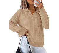KISSMODA Womens Cable Knit Jumper Polo V Neck Long Sleeve Trendy Pullover | Cable Knitwear, Cosy Classic Solid Jumper, Business Casual Work Wear, Tennis Golf Outfits, Winter Clothing