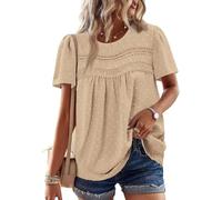 KISSMODA Womens Casual Boho Tops Short Sleeve Summer Pleated Eyelet Shirts Dressy Trendy Elegant Crew Neck Swiss Dot Blouses