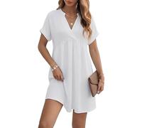 KISSMODA Womens Casual Dress Plunge V Neck Short Sleeve Pullover Flowy Empire Waist Shirt Dresses Summer Fashion Elegant Pleated Front Vacation Beach Tunic Dress A White