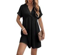 KISSMODA Womens Casual Dress Plunge V Neck Short Sleeve Pullover Flowy Empire Waist Shirt Dresses Summer Fashion Elegant Pleated Front Vacation Beach Tunic Dress A Black